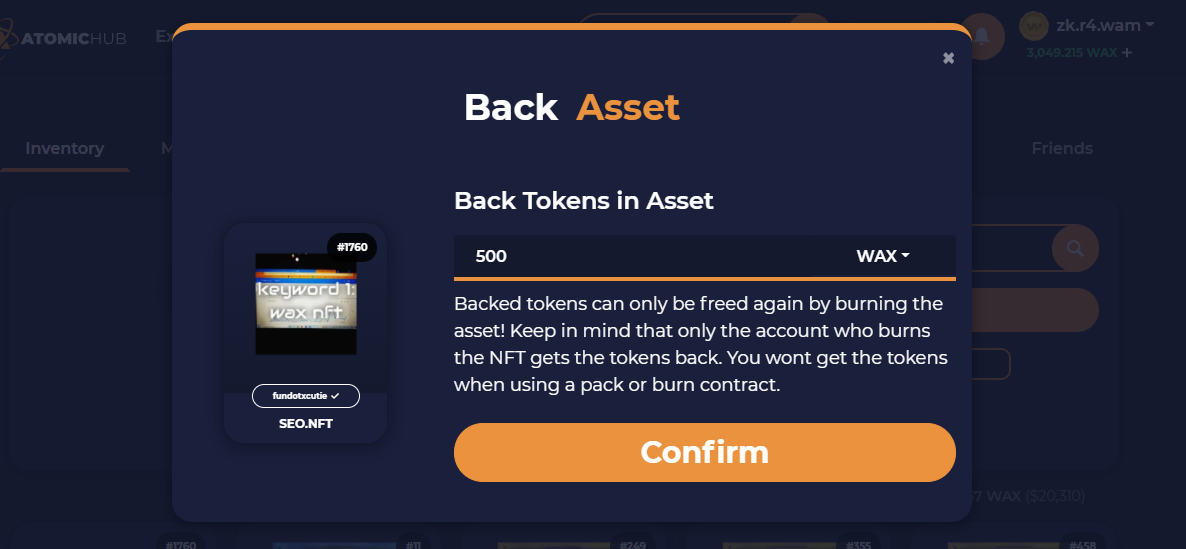 back tokens to NFT
